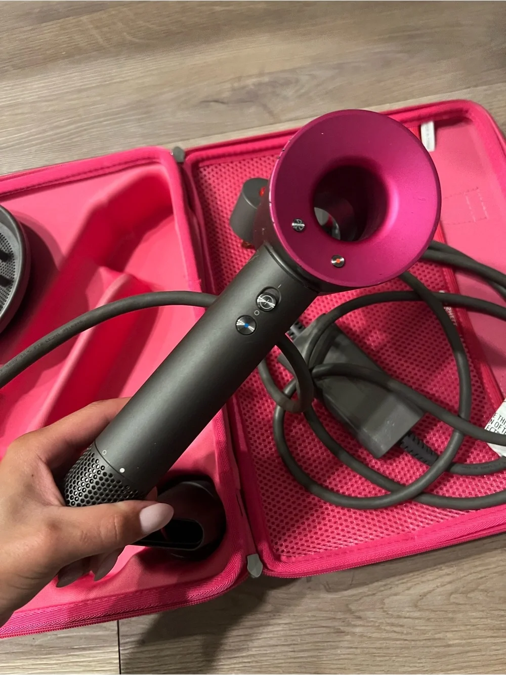 Dyson charcoal and pink travel case hair dryer with attachments
